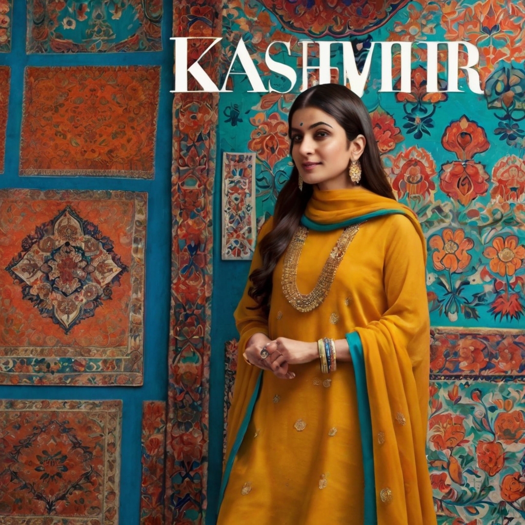 Brand Kashmir with a mountain silhouette and traditional motifs.